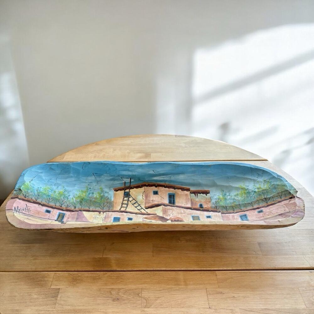 MEXICAN FOLK ART Hand Carved Decorative WOOD DISPLAY BOWL SIGNED PAINTED PUEBLO